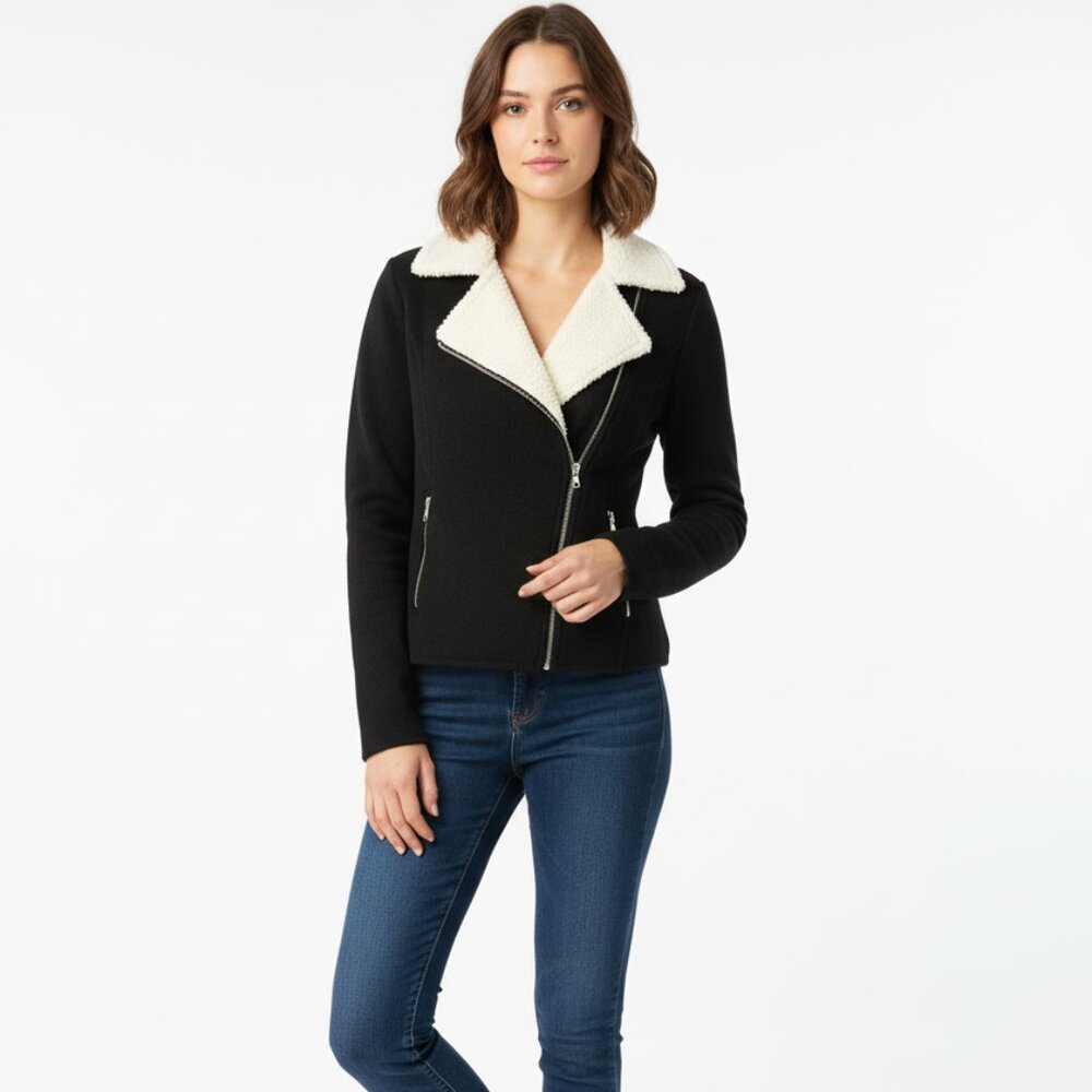 Lauren Ralph Lauren Black & White Sweater Jacket Off Set Zipper Detail Size MP - Picture 1 of 10